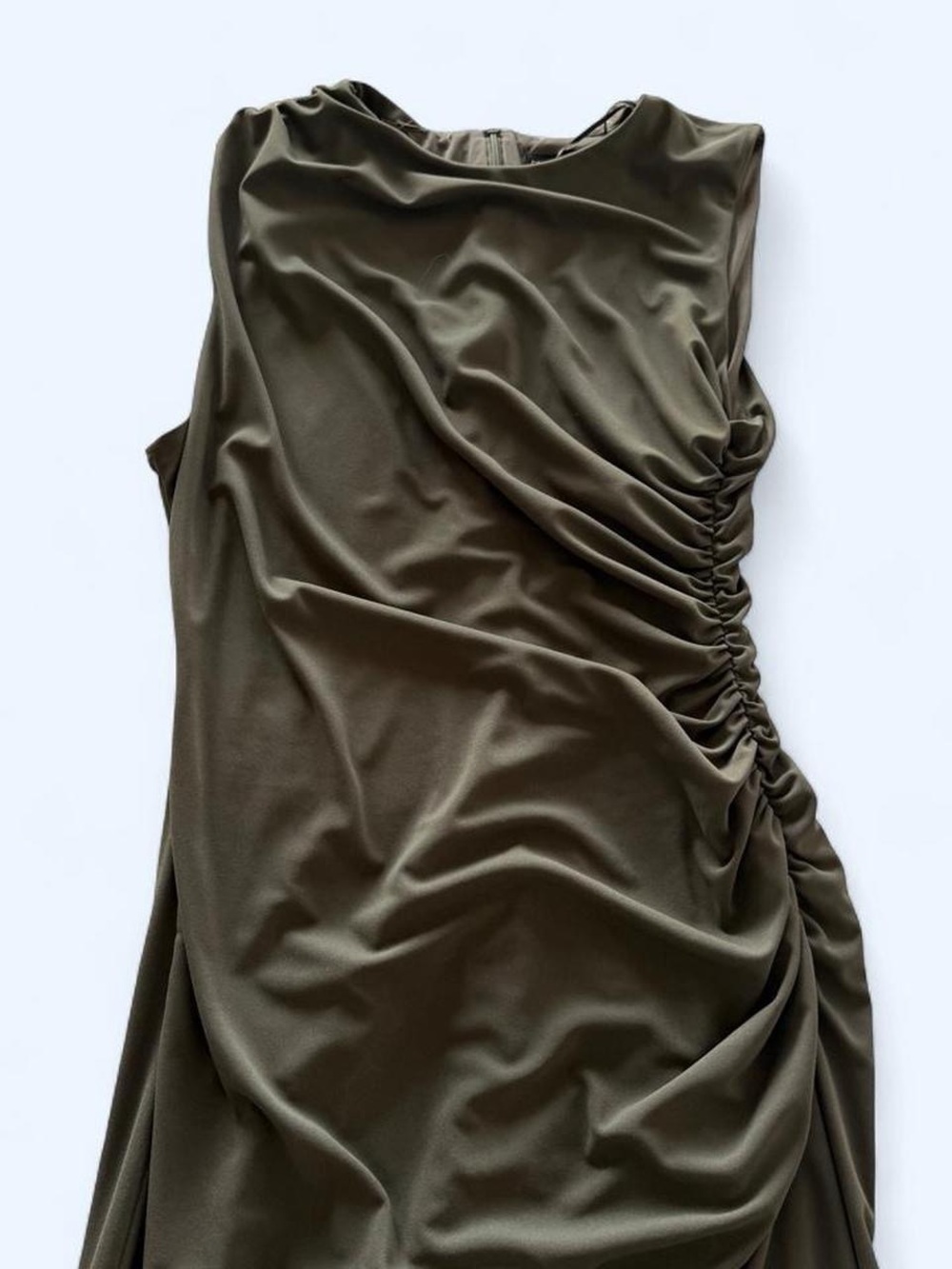 Zara One-Shoulder Olive Ruched Dress